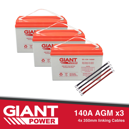 Giant Power 3x 140AH 12V AGM Deep Cycle Battery & Cables