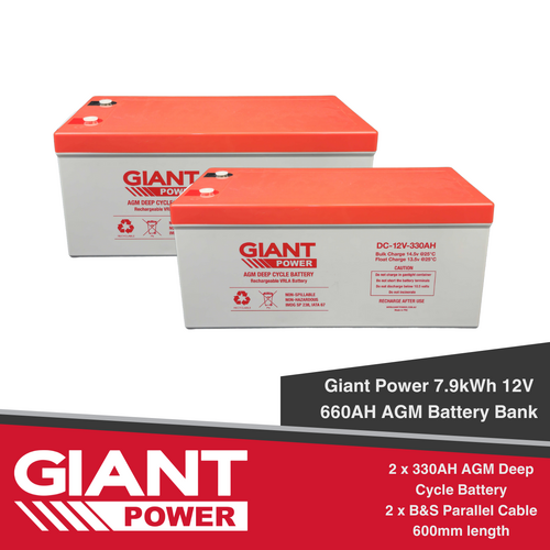 Giant Power 7.9kWh 12V 660AH AGM Battery Bank (12V cells)