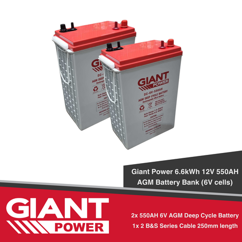 Giant Power 6.6kWh 12V 550AH AGM Battery Bank (6V cells)