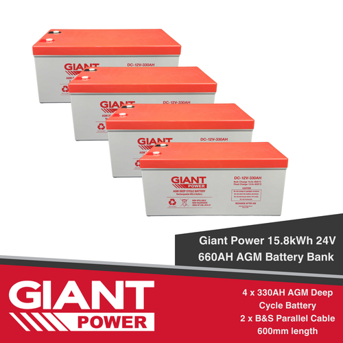 Giant Power 15.8kWh 24V 660AH AGM Battery Bank (12V cells)