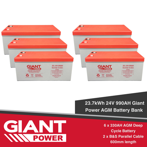 23.7kWh 24V 990AH Giant Power AGM Battery Bank (12V cells)