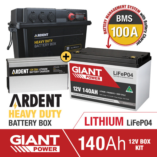 Giant 140AH 12V LiFEPO4 with Ardent Battery Box & Lithium 20A Battery Charger