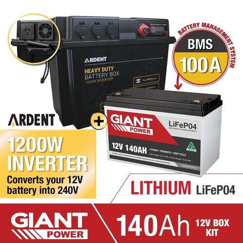 Giant 140AH Lithium Deep Cycle Battery and 1200W Inverter 12V/240V Battery Box